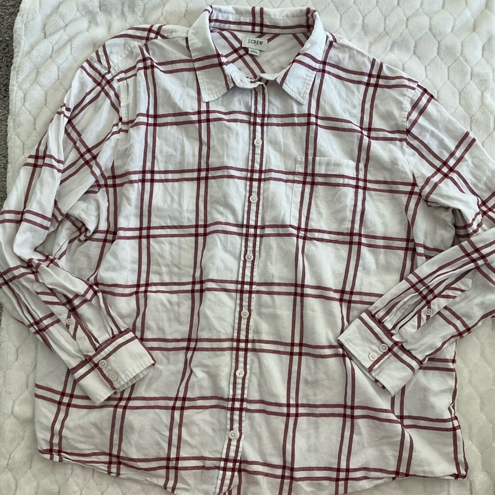 J. Crew Women’s Burgundy White Button-Down Shirt Windowpane Plaid Sz XXL